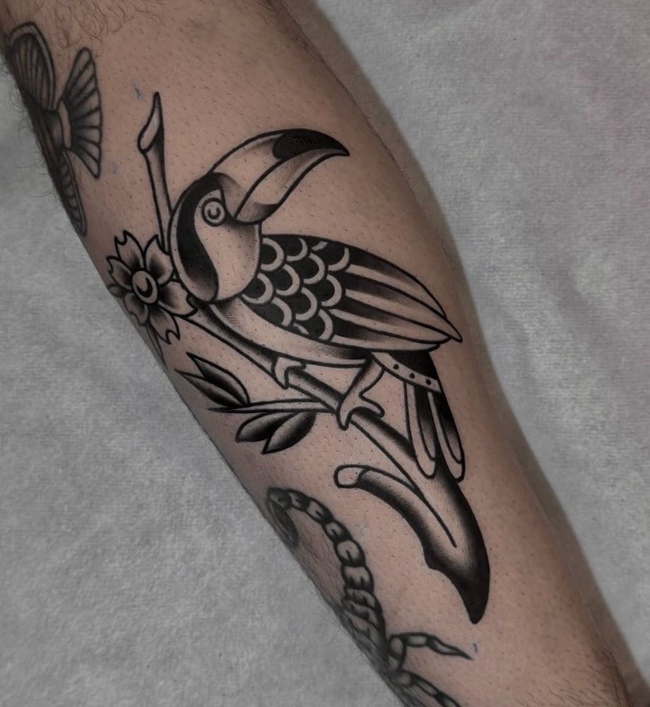 Tatuagem de tucano pousado em um galho, na panturrilha.
